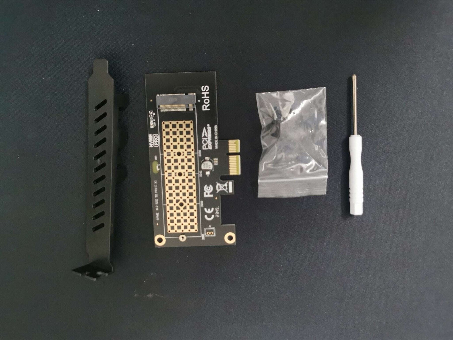 ARES M.2 NVMe to PCIe 4.0 adapter card mounted on a neutral background  -  landscape product shot showing full adapter and bracket