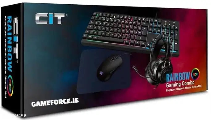 CiT Rainbow RGB Gaming Combo 4-1 KIT with keyboard, mouse, headset, and mouse mat displaying vibrant rainbow RGB lighting on a gaming desk setup.