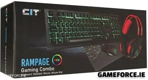 CiT Rampage RGB Gaming Keyboard, Mouse, Headset & Mouse Pad Combo Set displayed with vibrant RGB lighting, showcasing the complete 4-in-1 gaming bundle.