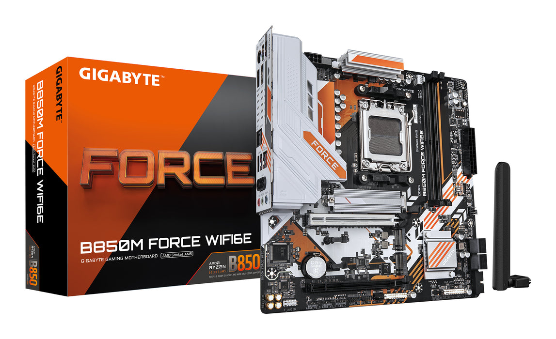 GIGABYTE B850M FORCE WIFI6E Motherboard - AMD Ryzen 9000 Series CPUs, 8+2+2 Phases Digital VRM, up to 9600MHz DDR5 (OC), 1xPCIe 5.0 + 2xPCIe 4.0 M.2, Wi-Fi 6E, 2.5 GbE LAN, USB 3.2 Gen 2