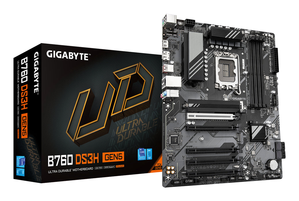 GIGABYTE B760 DS3H GEN5 Motherboard - Supports Intel Core 14th Gen CPUs, 8+2+1 Phases Digital VRM, up to 5600MHz DDR5, 2xPCIe 4.0 M.2, 1GbE LAN, USB 3.2 Gen 2x2